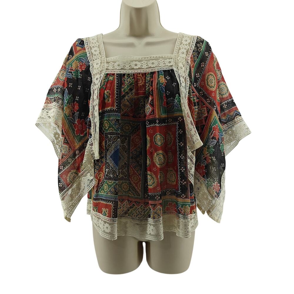 Vintage Boho Lace Patchwork Print Lightweight Blouse Womens